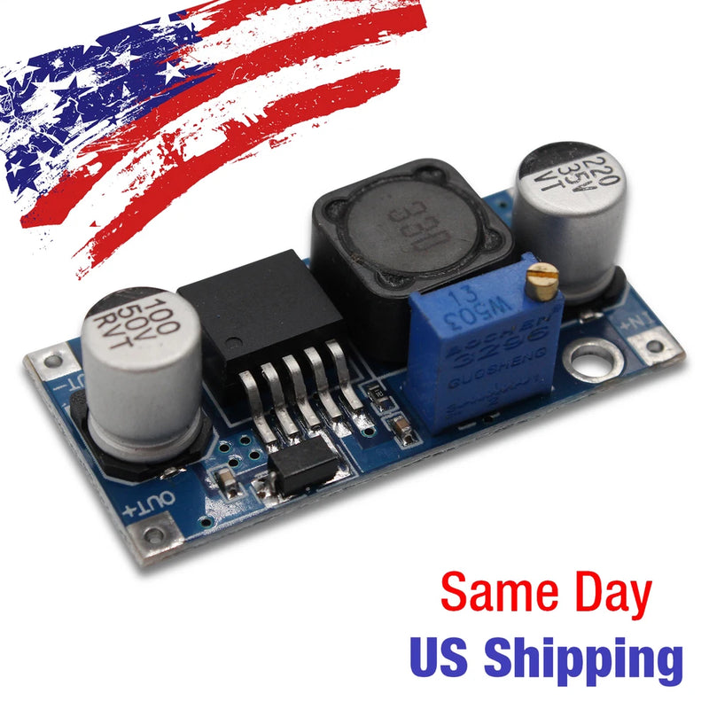DC-DC step-up voltage converter module on blue PCB with capacitors and IC