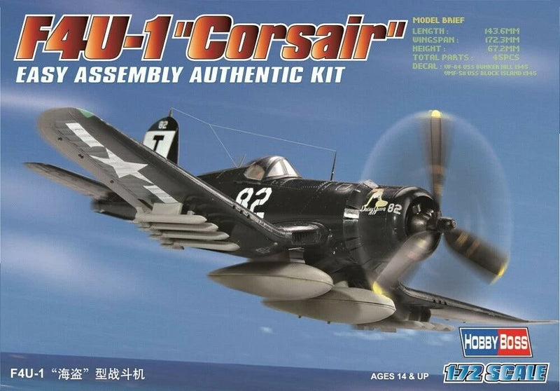 Plastic model kit box art of Vought F4U-1 Corsair fighter plane, black/gray, 1/72