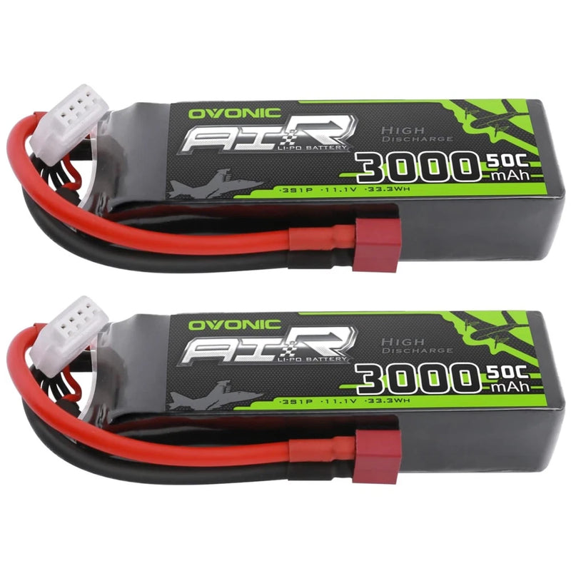 Two OVONIC ACE 3000mAh 11.1V LiPo batteries with Dean T connectors and red/black leads