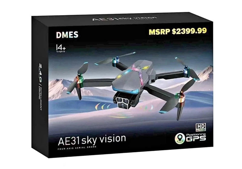 Drone camera GPS kit retail box with quadcopter illustration and positioning GPS badge