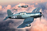 Blue-gray Corsair fighter plane model with star insignia and propeller