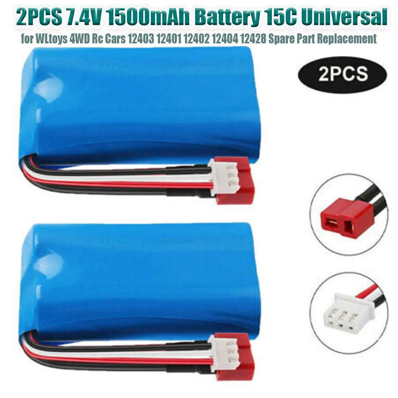 2pcs 7.4V Lipo Battery 1500mAh Rechargeable Universal for WLtoys 4WD RC Replace