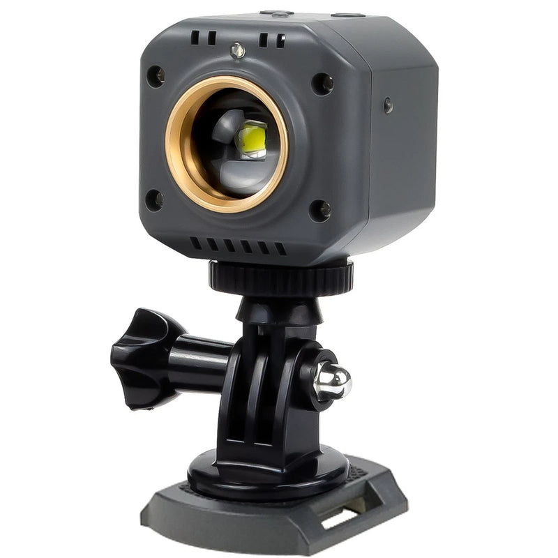 LED spotlight light with adjustable clamp mount, gray housing, front lens and vented sides