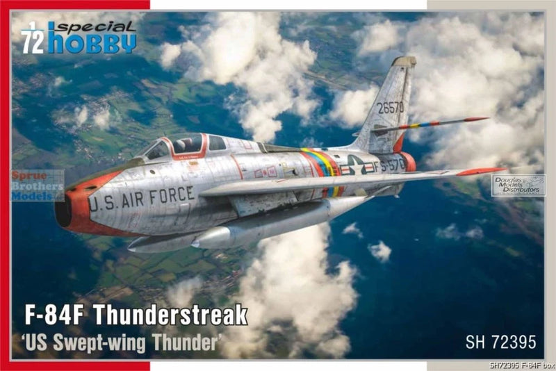 Gray 1:72 scale F-84F Thunderstreak model airplane with USAF markings and red tail