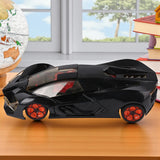 Black 1:12 scale RC model car with orange LED wheels and sleek body