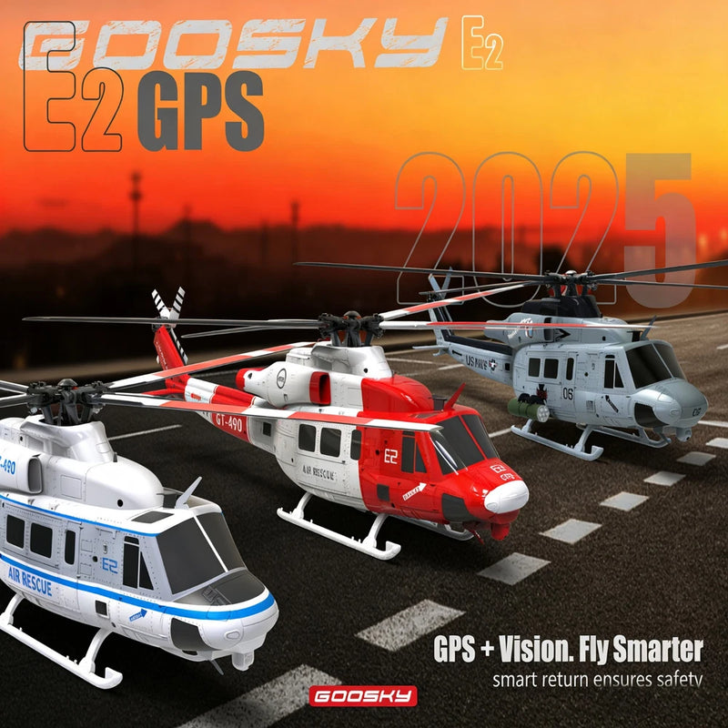 Scale RC helicopter drone, red and white body with blue accents, triple model lineup