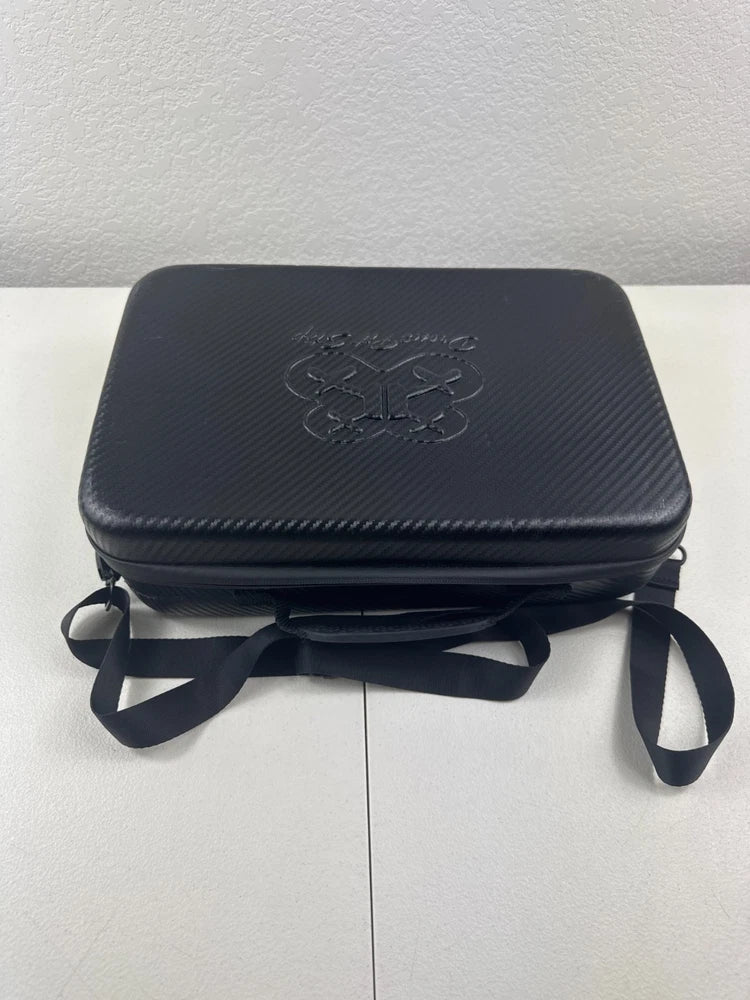 Soft shell drone carrying case, dark with embossed logo and front straps