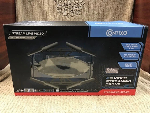 Video streaming quadcopter drone retail box with CONTIXO branding and antenna illustration