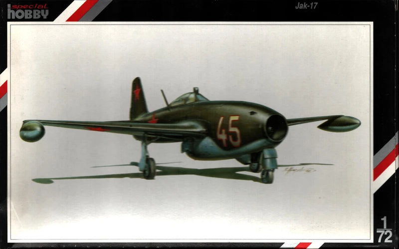 Yak-17 Soviet jet fighter model kit with green fuselage and red accents