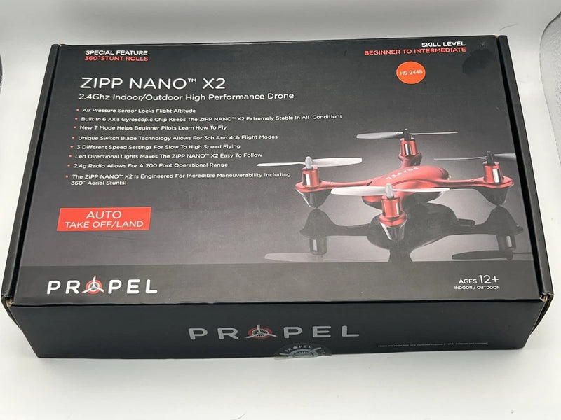 Propel Zipp Nano X2 2.4GHz quadcopter drone in retail box, front view