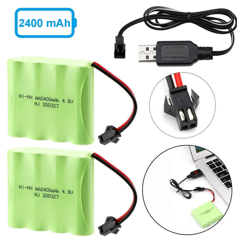 2X 4.8V 2400mAh Ni-MH AA rechargeable Battery SM Plug USB Cable for RC Car Truck