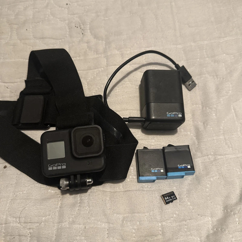 GoPro HERO8 Black action camera kit with charging adapter, battery and microSD card