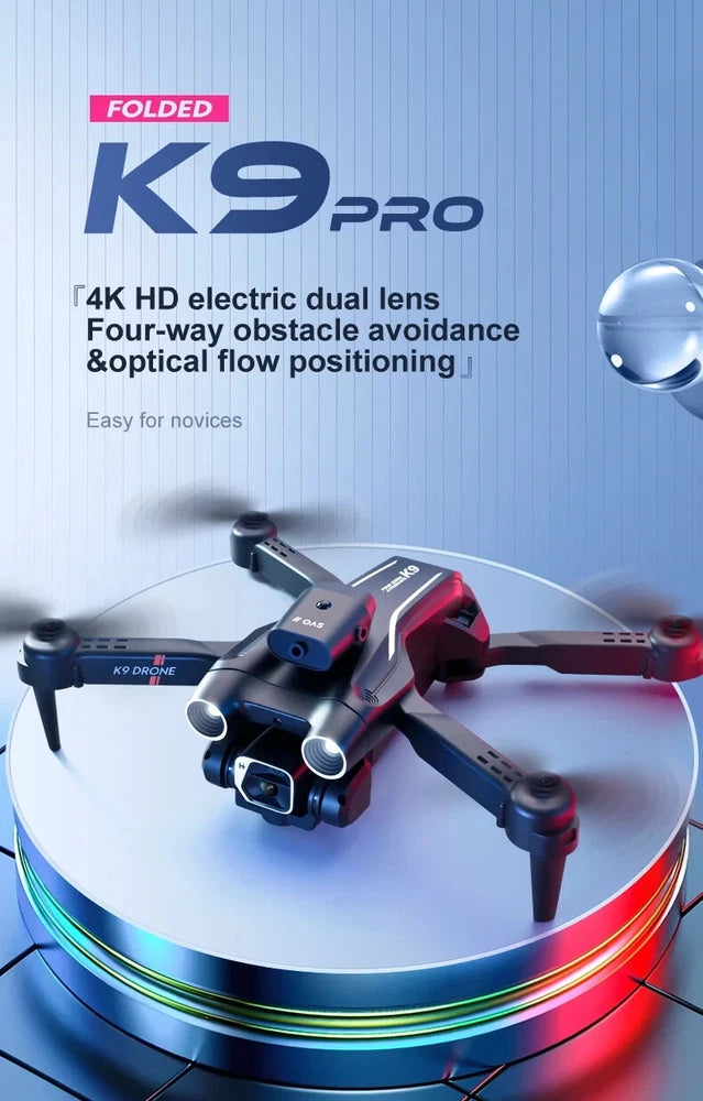 Blue and red quadcopter drone with front camera module, resting on circular stand