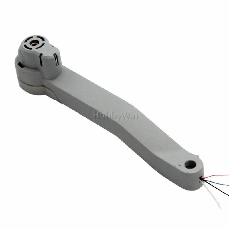Gray drone motor arm with mounting hole and wire leads