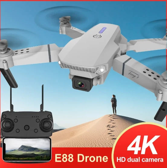 Folding quadcopter drone with front camera, controller with screen and HD dual camera view