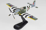 Hobby Master Mustang Mk III airplane model on black display stand, green and yellow