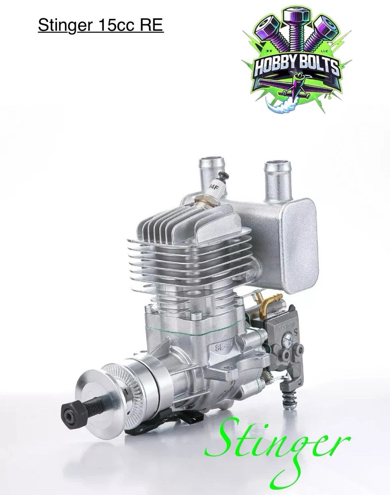 Stinger 15cc two-stroke gas RC engine with cooling fins and side exhaust pipe
