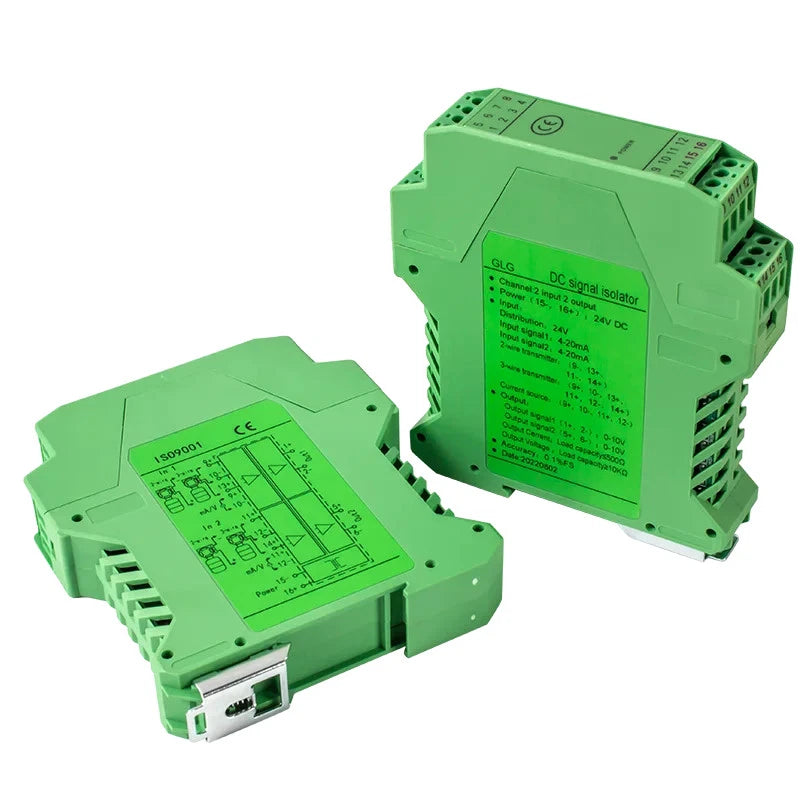 Green DIN-rail DC signal isolator module with terminal blocks and wiring label