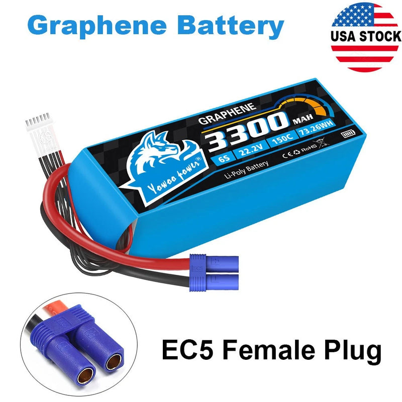 Yowoo 3300mAh EC5 6S Lipo Battery 22.2V 150C Graphene for Drone Car Helicopter Battery