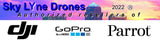Drone brand banner with DJI and Parrot logos and authorized reset text