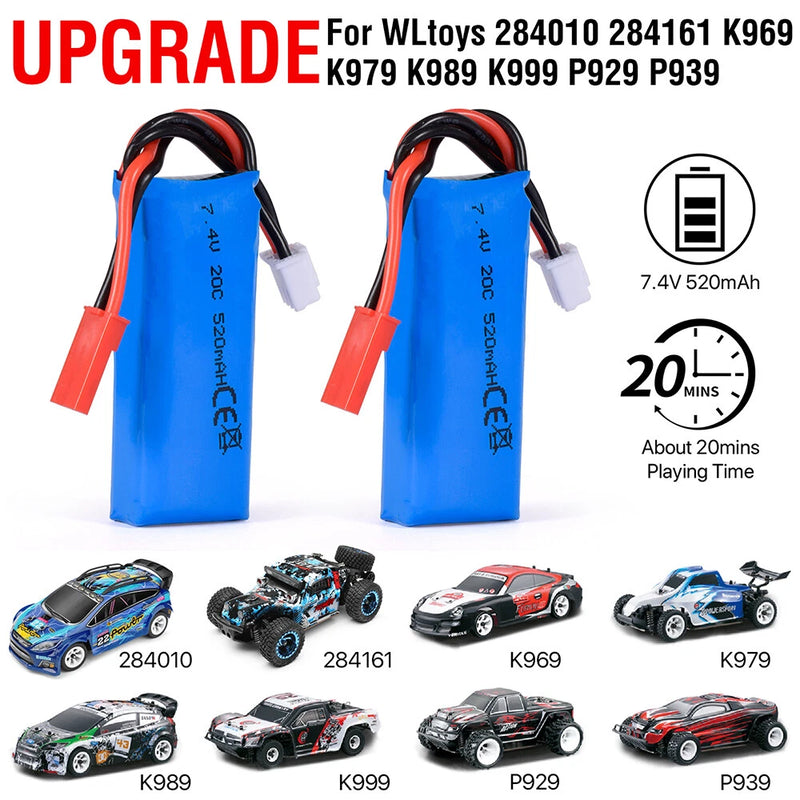 2Pcs WLtoys K969 Battery 7.4V 520mAh for K969 K979 K989 K999 P929 P939 RC Car