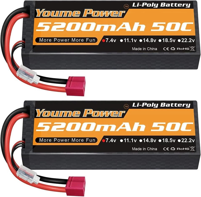 2S Lipo Battery 5200mAh 2 Packs 7.4V RC Lipo Battery 50C T Plug Hard Case for 1