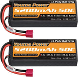 2S Lipo Battery 5200mAh 2 Packs 7.4V RC Lipo Battery 50C T Plug Hard Case for 1