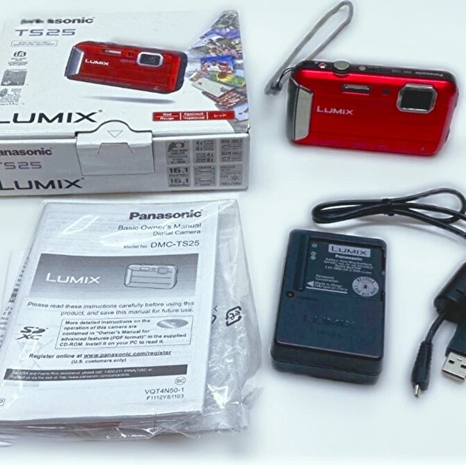 Panasonic Lumix DMC?TS25 Waterproof 16.1MP Digital Camera Red w/ Charger & Box