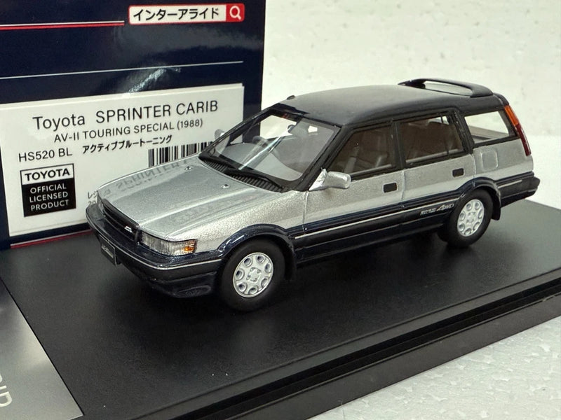 1/43 scale resin model car: silver Toyota Sprinter Carib AV-II 1988, front three-quarter view