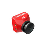 Foxeer red FPV camera with black lens housing and side screw holes