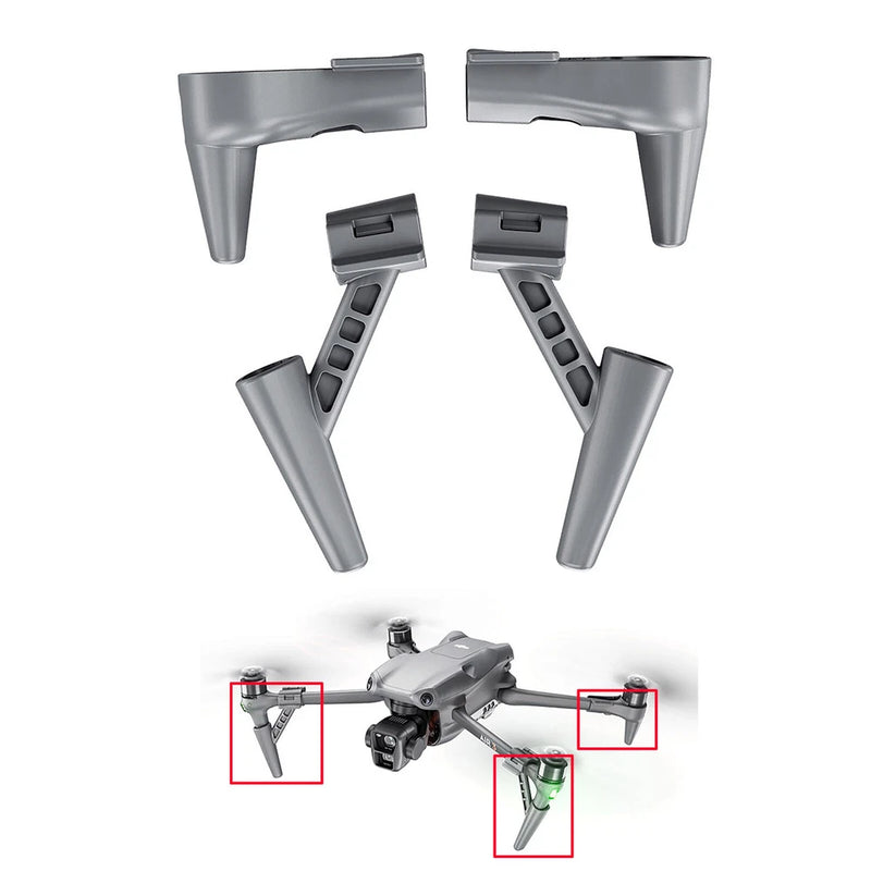 Drone landing gear kit with extended gray legs and mounting brackets