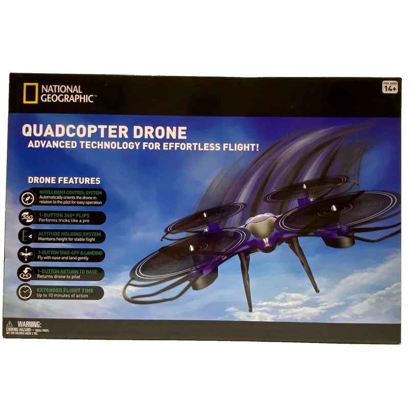Quadcopter drone box with purple four-rotor drone illustration and remote-control details