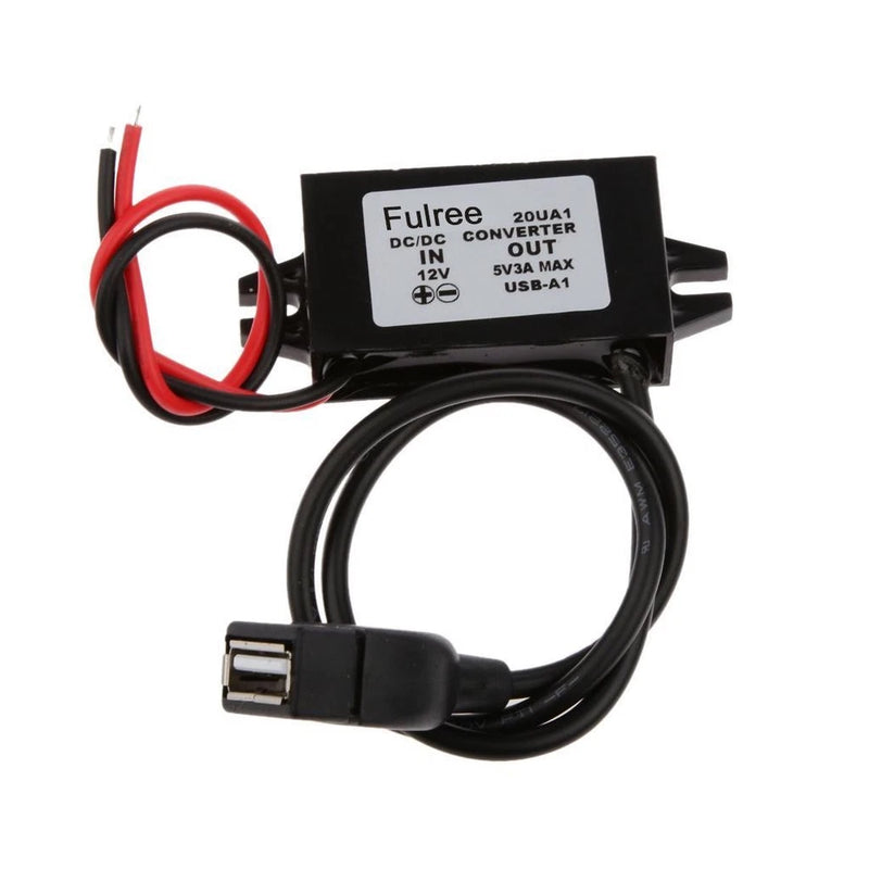 Fulree DC-DC buck converter with USB-A cable, input 12V, output 5V, black module