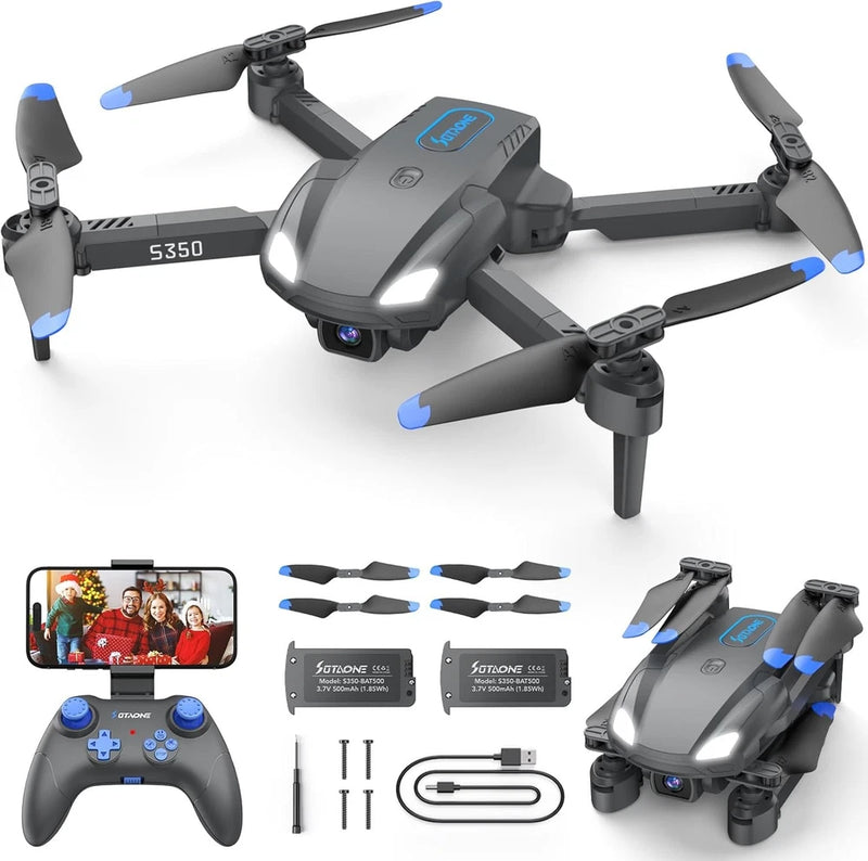 Foldable mini drone with 1080P HD camera, gray body, blue prop tips, controller and accessories