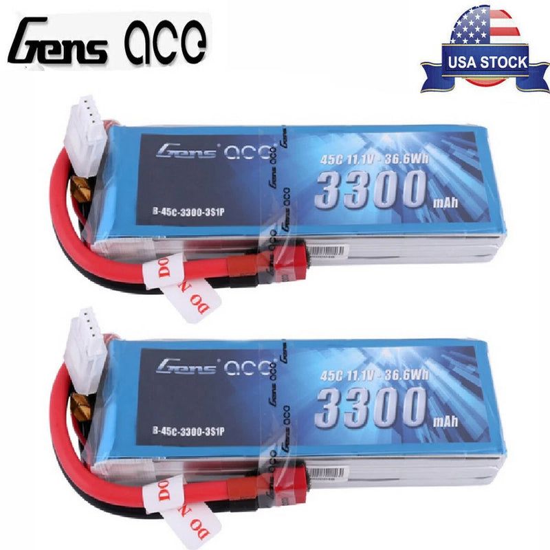 2X Gens Ace 3300mAh 11.1V 45C 3S Lipo Battery T plug For RC Glider 3D plane New