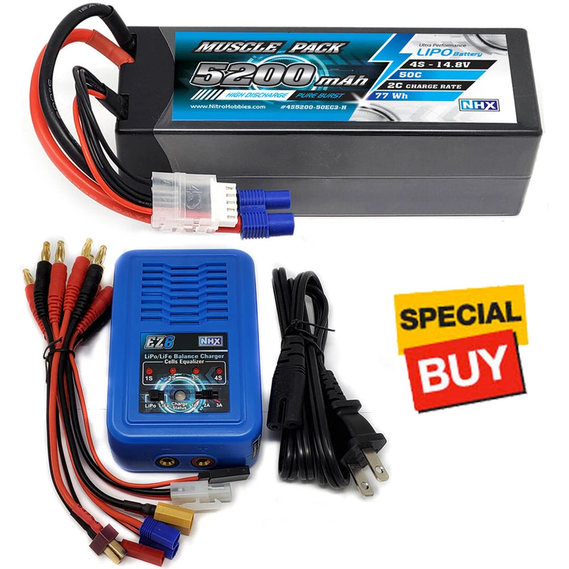 NHX Muscle Pack 4S 14.8V 5200mAh 50C Hard Case Lipo Battery w/ EC3 / EZ6 Charger Battery