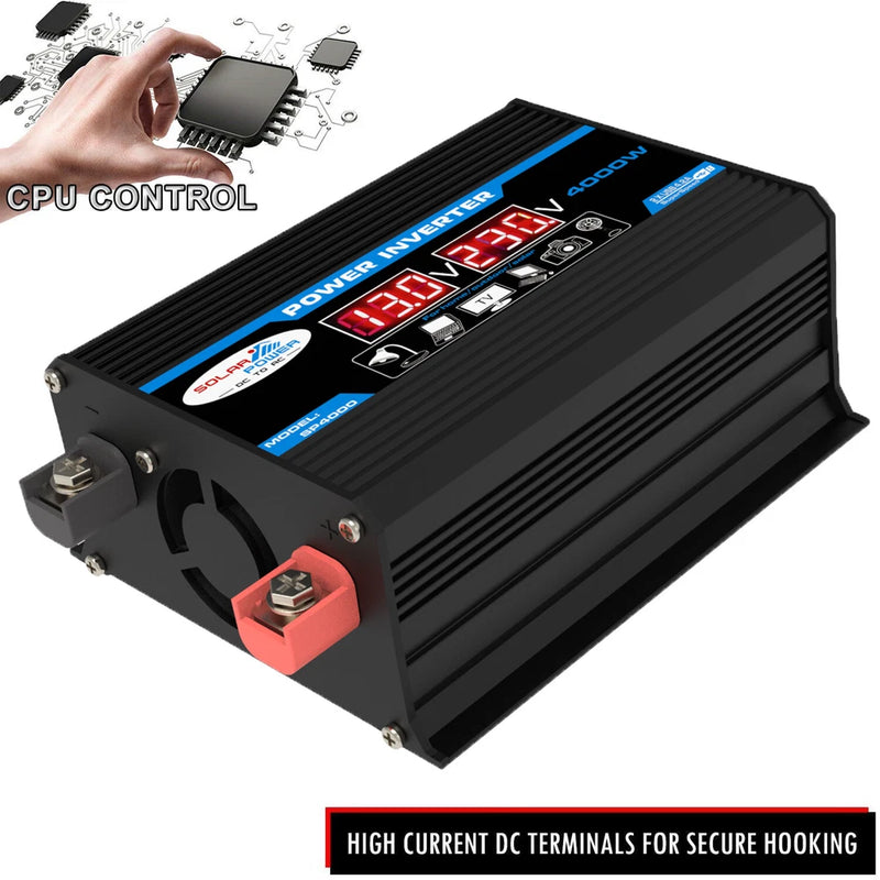 4000W Solar Car Power Inverter DC 12V to AC 220V with USB Ports & LCD Display