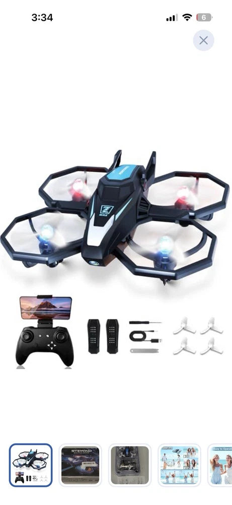Kids drone with camera, four rotors, blue accents, includes remote control and accessories