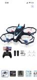 Kids drone with camera, four rotors, blue accents, includes remote control and accessories