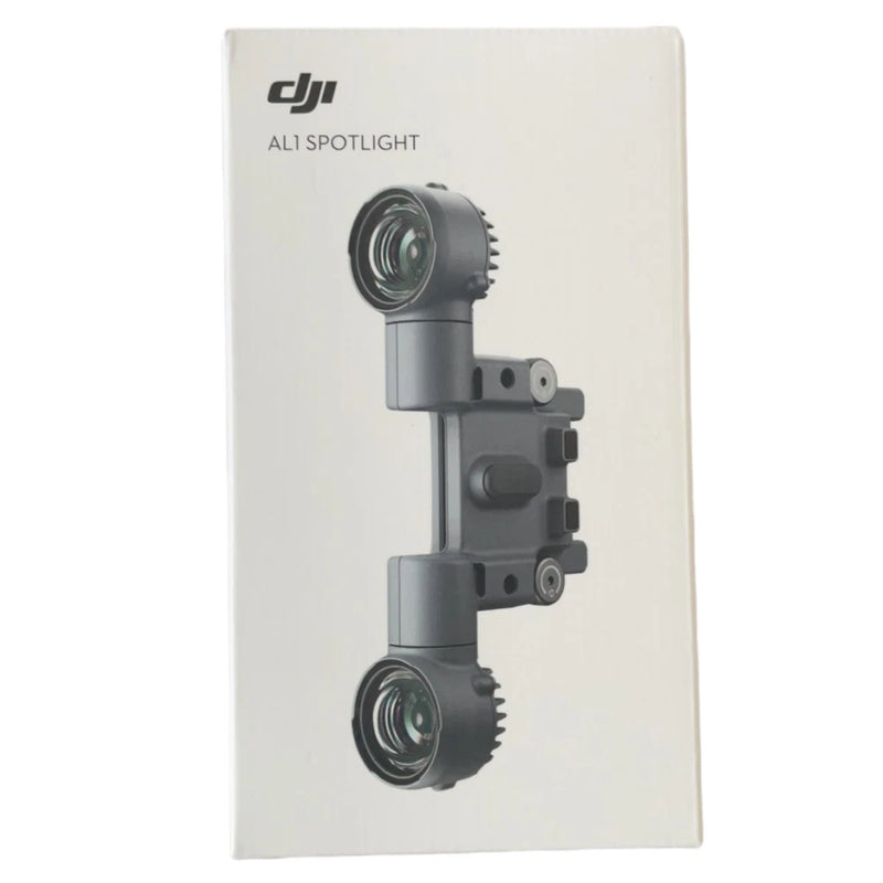 DJI AL1 spotlight package showing dual-lens gimbal light assembly