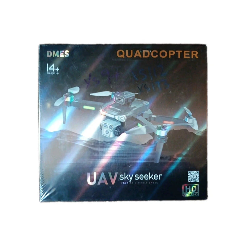 DMES quadcopter drone retail box with UAV Sky Seeker graphics and HD camera