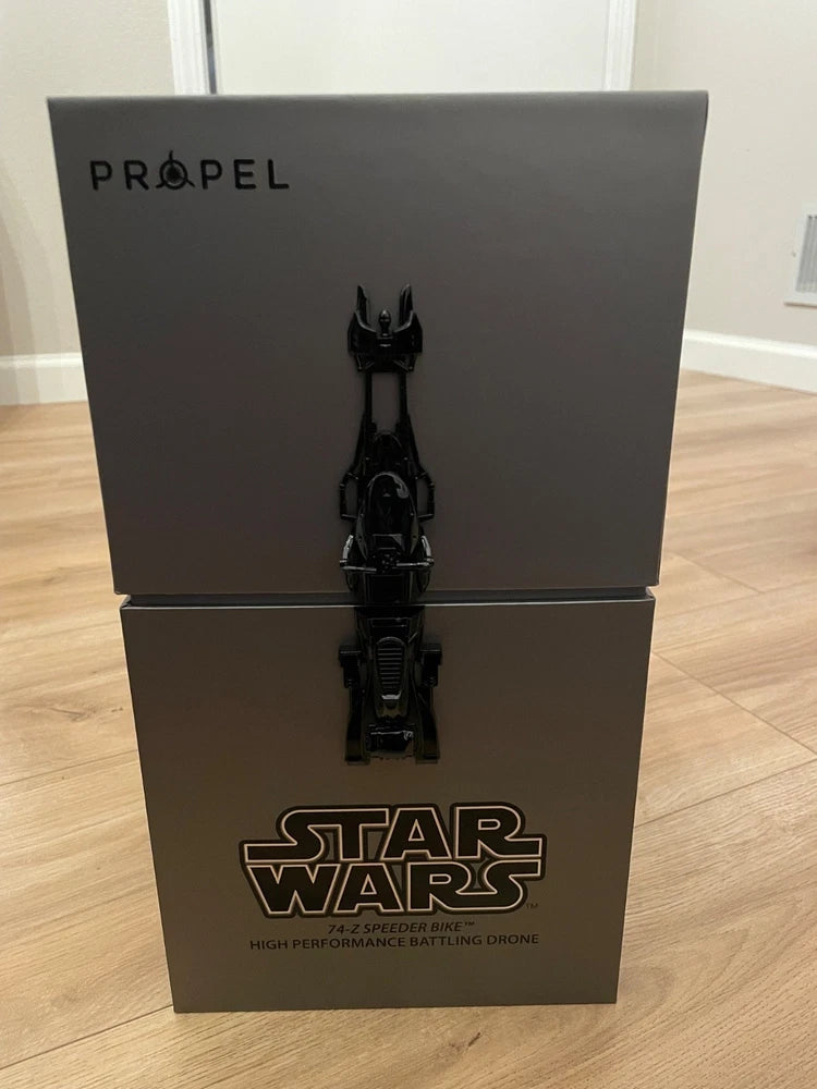Propel Star Wars battle drone open box with speeder bike artwork on front