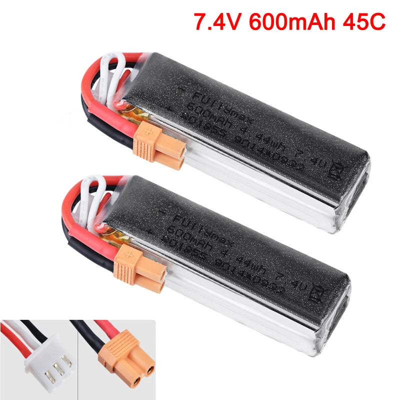 Two 7.4V 600mAh RC LiPo batteries, black with red/black leads and orange connector