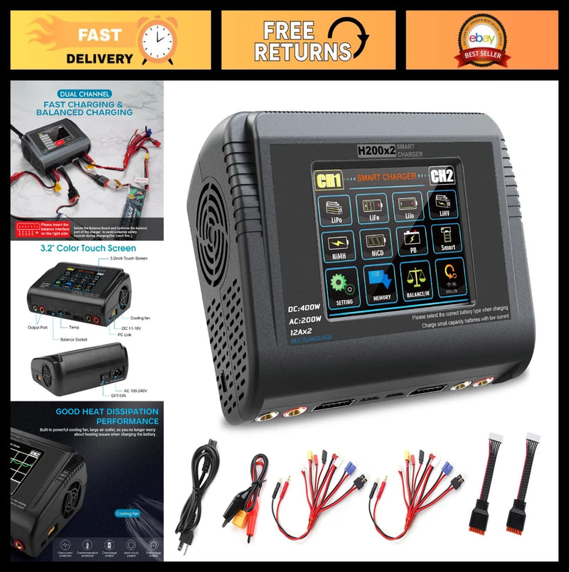 Dual LiPo Touch Screen Battery Charger 200W AC/DC 12A Fast Balance for RC Cars & Battery