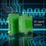 Green DC signal isolator module with screw terminals for analog signal conversion