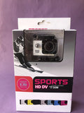 Sports action camera retail box showing waterproof 30M, 1080P HD DV, multiple mounts