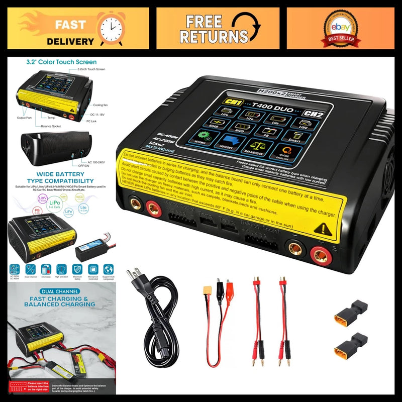 Dual Channel Touchscreen Lipo Battery Charger 200W AC/400W DC, 12A¡Á2 Fast Charge Battery