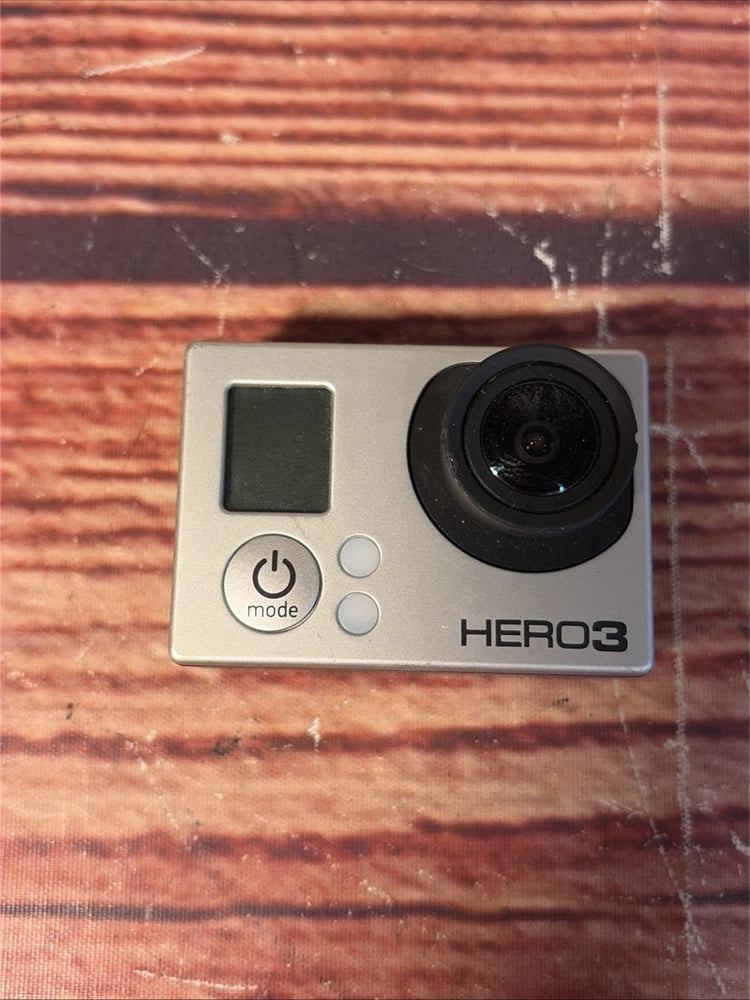 GoPro HERO3 silver action camera with black lens and power/mode buttons