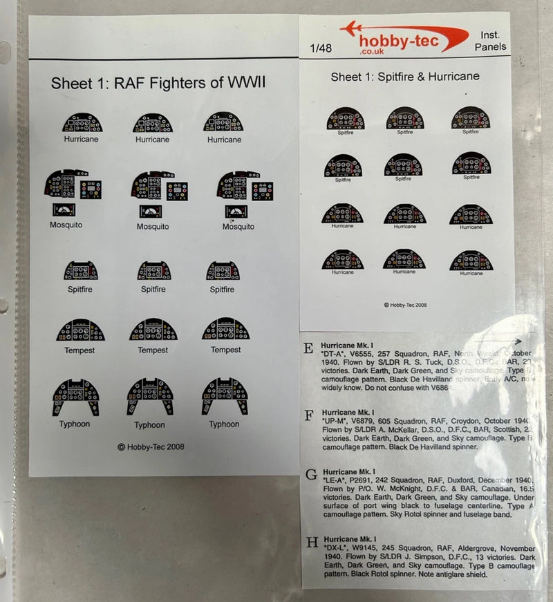 1/48 scale RAF fighter instrument panel decal sheet with multiple cockpit markings
