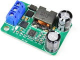 DC-DC converter module with blue screw terminal, transformer coil, electrolytic capacitors